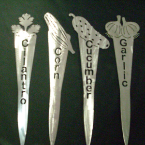 garlic, cucumber, corn, cilantro, garden stakes